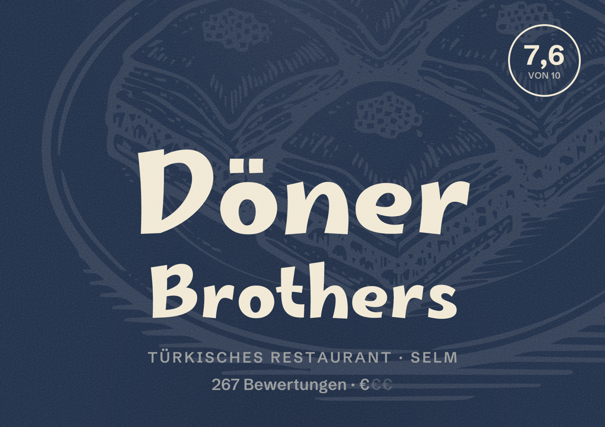 Illustriertes Poster von Döner Brothers, Türkisches Restaurant in Selm: Gästebewertung 7,6 von 10 aus 267 Bewertungen