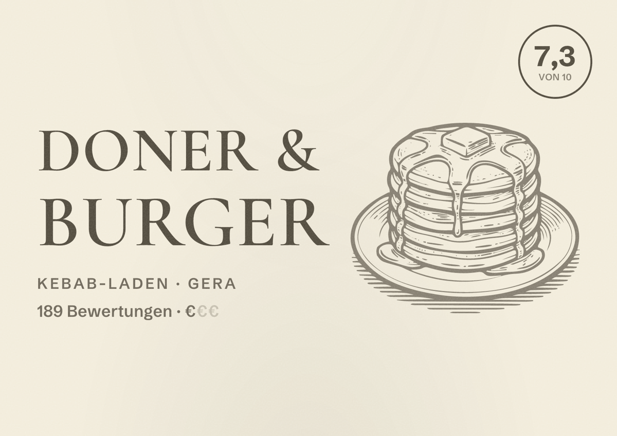 Illustriertes Poster von Doner & Burger, Kebab-Laden in Gera: Bewertung 7,3 von 10 aus 189 Bewertungen, Preisniveau €