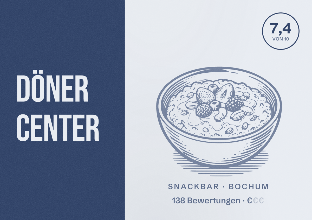 Illustriertes Poster von Döner Center, Snackbar in Bochum: Bewertung 7,4 von 10 aus 138 Bewertungen, Preisniveau €