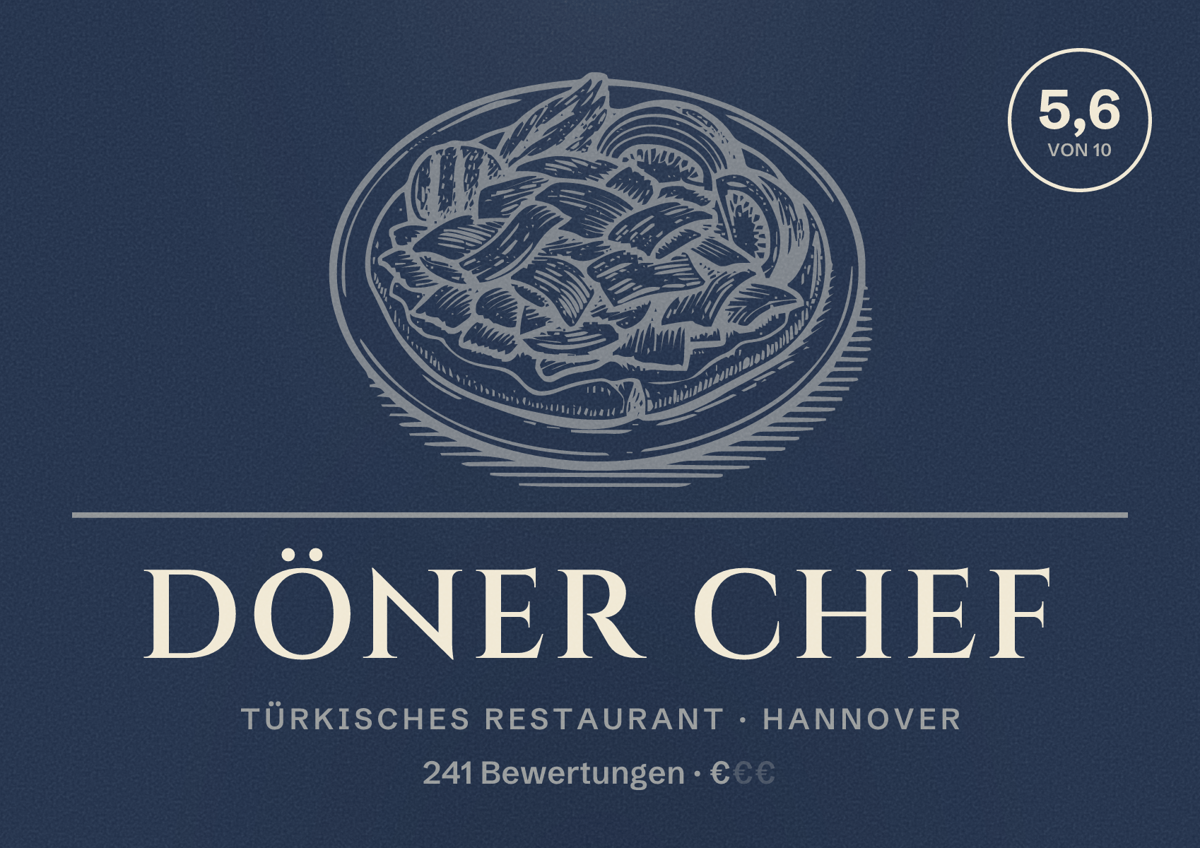 Illustriertes Poster von Döner Chef, Türkisches Restaurant in Hannover: Bewertung 5,6 von 10 aus 241 Bewertungen, Preisniveau €