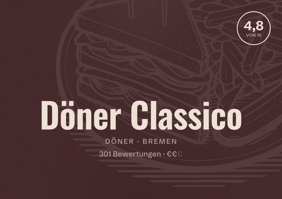 Illustriertes Poster von Döner Classico, Döner in Bremen: Bewertung 4,8 von 10 aus 301 Bewertungen, Preisniveau €€