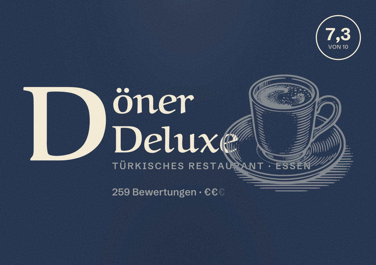 Illustriertes Poster von Döner Deluxe, Türkisches Restaurant in Essen: Bewertung 7,3 von 10 aus 259 Bewertungen, Preisniveau €€