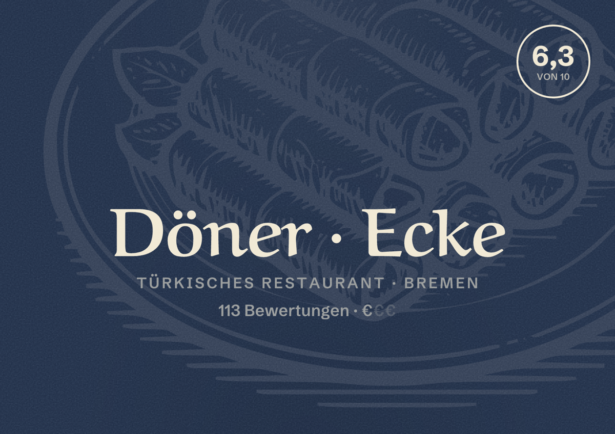 Illustriertes Poster von Döner Ecke, Türkisches Restaurant in Bremen: Bewertung 6,3 von 10 aus 113 Bewertungen, Preisniveau €