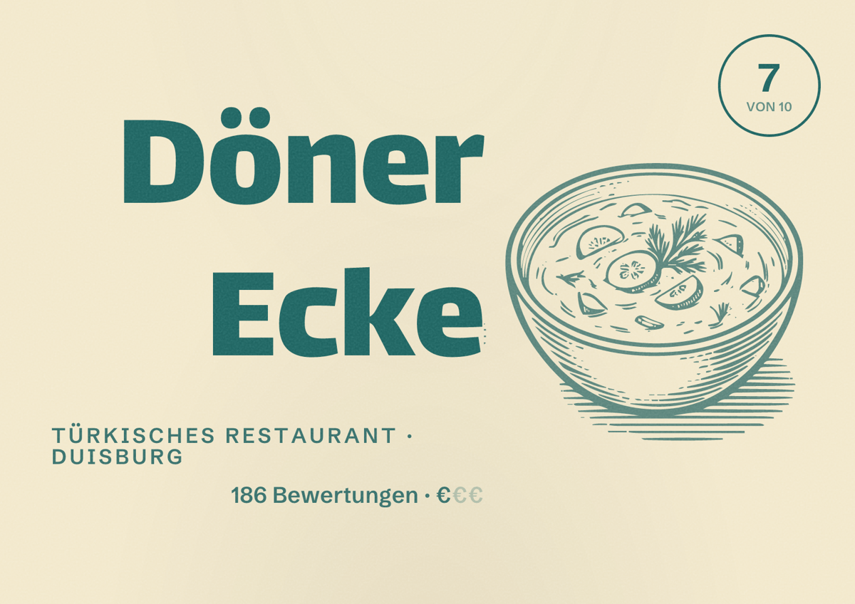 Illustriertes Poster von Döner Ecke, Türkisches Restaurant in Duisburg: Gästebewertung 7,0 von 10 aus 186 Bewertungen