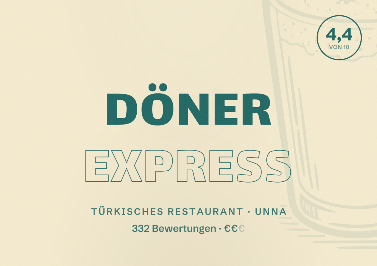 Illustriertes Poster von Döner Express, Türkisches Restaurant in Unna: Bewertung 4,4 von 10 aus 332 Bewertungen, Preisniveau €€