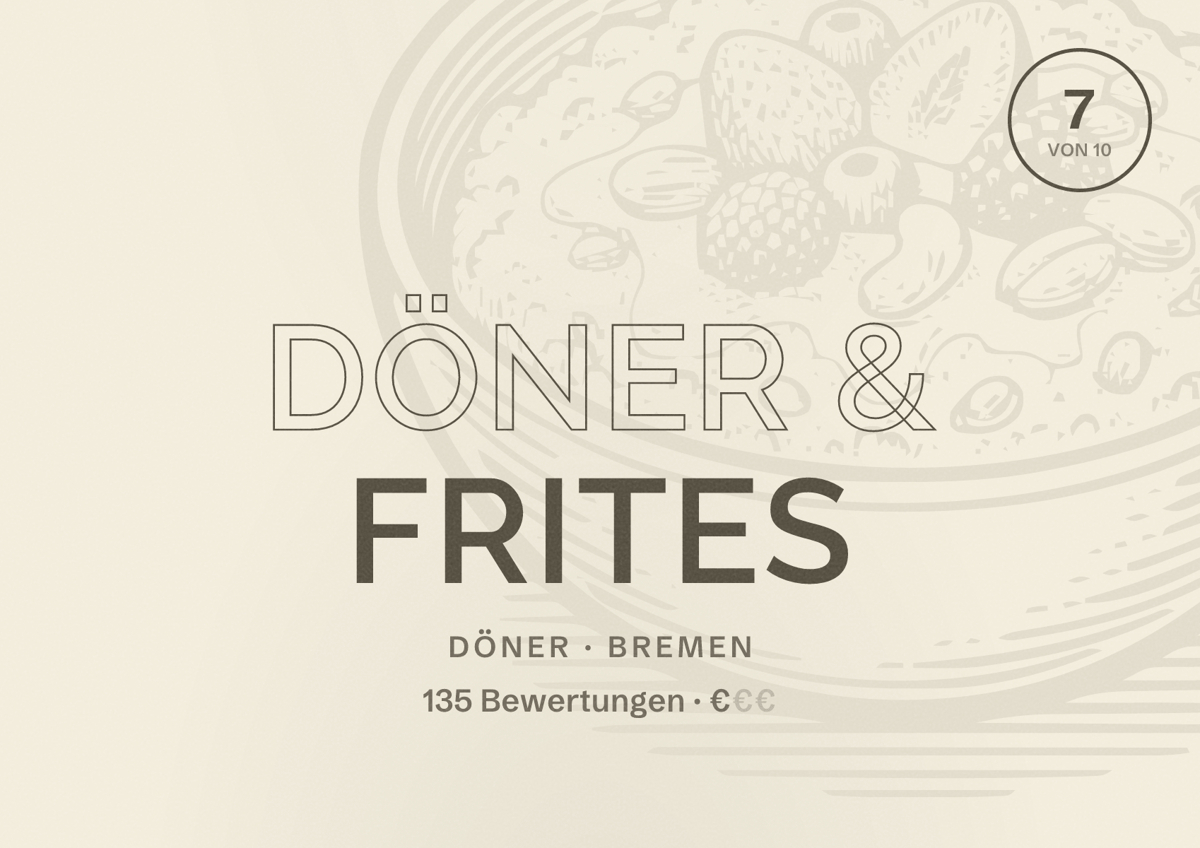 Illustriertes Poster von Döner & Frites, Döner in Bremen: Bewertung 7 von 10 aus 135 Bewertungen, Preisniveau €