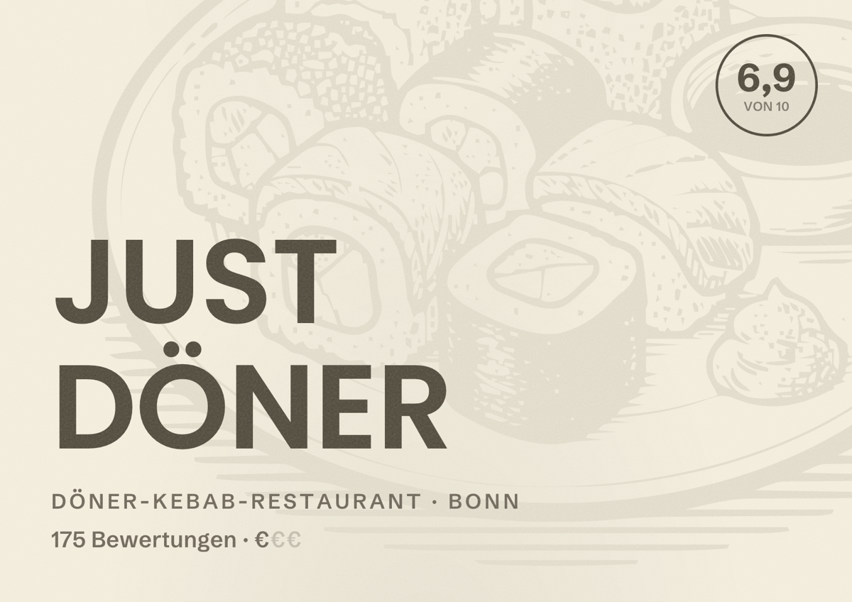 Illustriertes Poster von JUST DÖNER, Döner-Kebab-Restaurant in Bonn: Bewertung 6,9 von 10 aus 175 Bewertungen, Preisniveau €