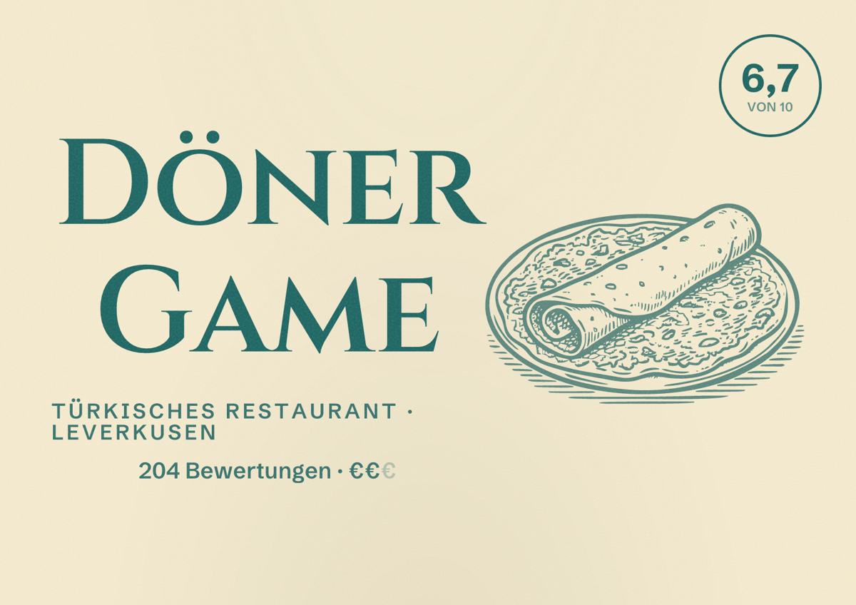 Illustriertes Poster von Döner Game, Türkisches Restaurant in Leverkusen: Bewertung 6,7 von 10 aus 204 Bewertungen, Preisniveau €€