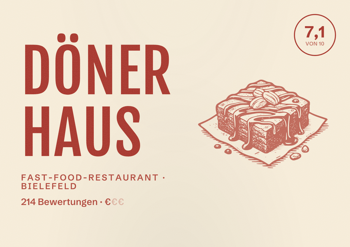 Illustriertes Poster von Döner Haus, Fast-Food-Restaurant in Bielefeld: Bewertung 7,1 von 10 aus 214 Bewertungen, Preisniveau €