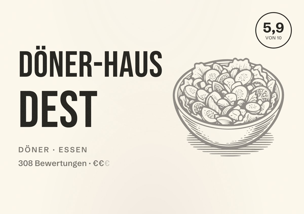 Illustriertes Poster von Döner-Haus Dest, Döner in Essen: Bewertung 5,9 von 10 aus 308 Bewertungen, Preisniveau €€