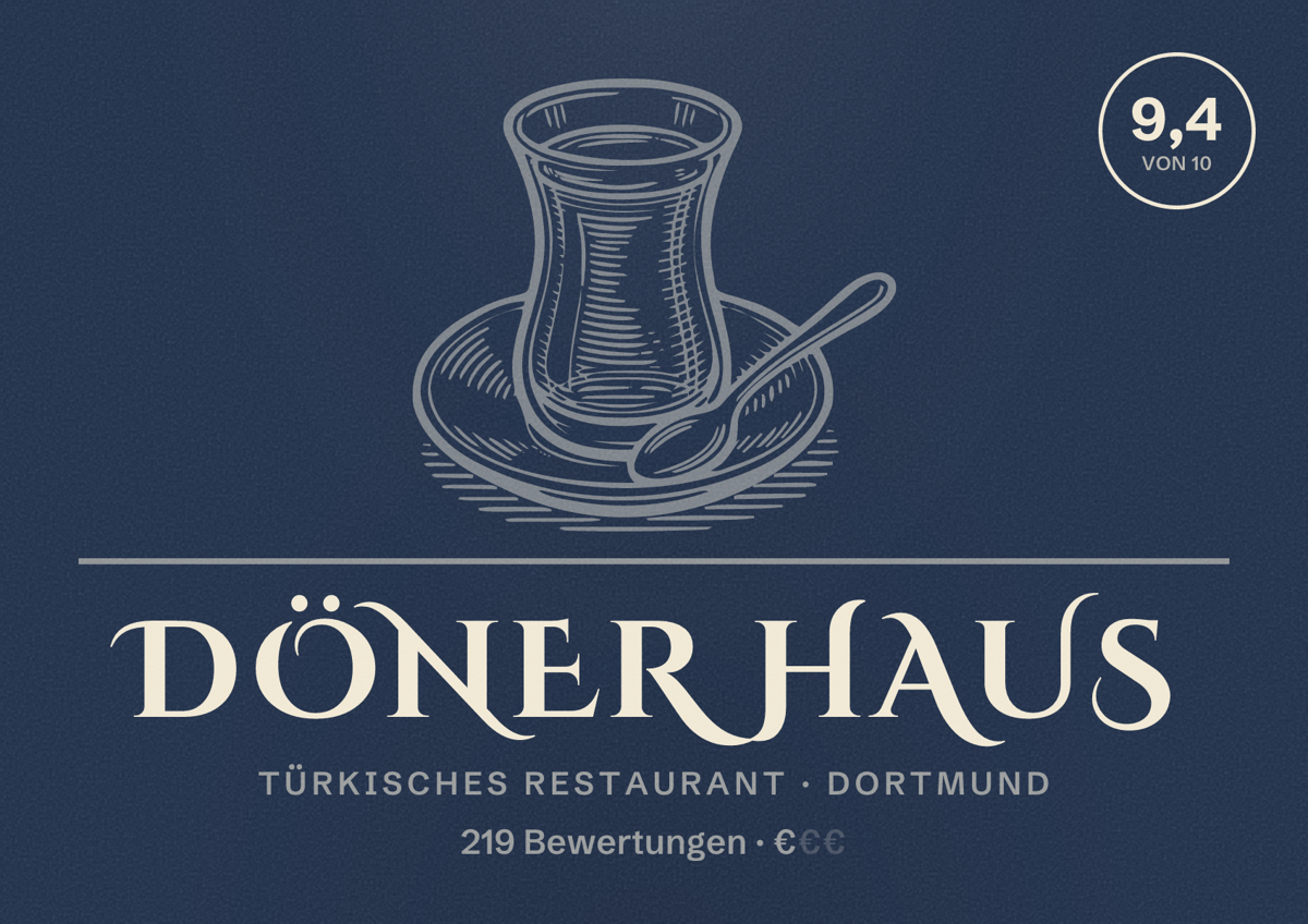 Illustriertes Poster von Döner Haus, Türkisches Restaurant in Dortmund: Bewertung 9,4 von 10 aus 219 Bewertungen, Preisniveau €