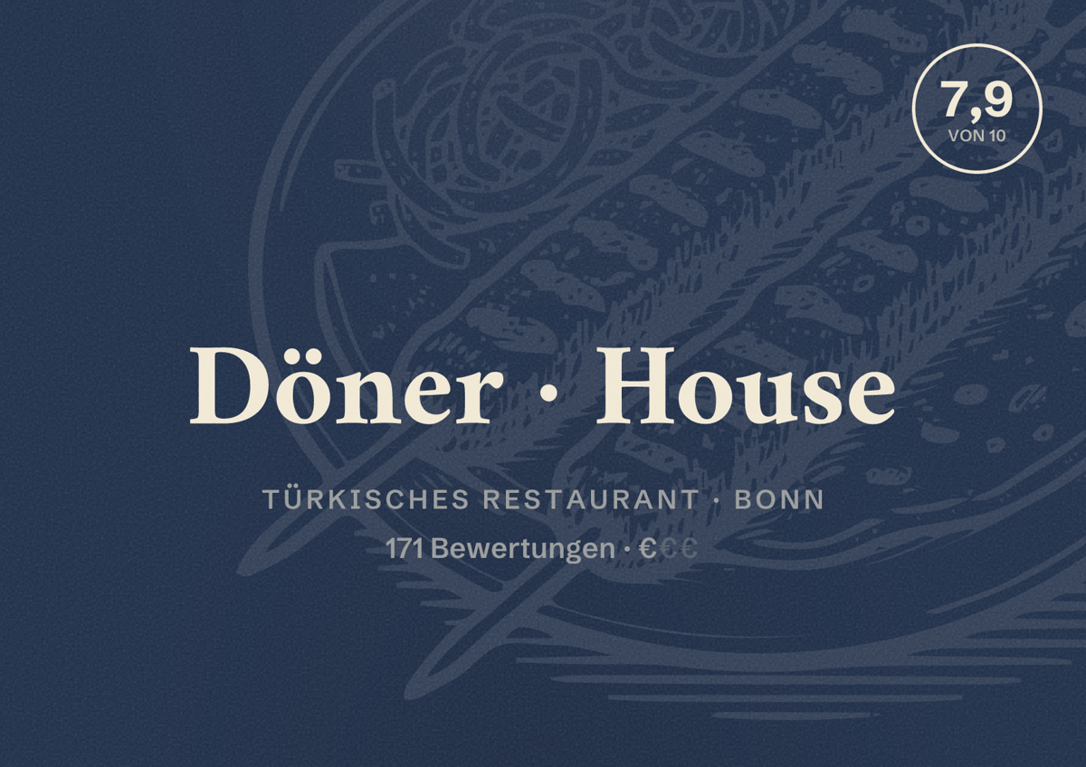 Illustriertes Poster von Döner House, Türkisches Restaurant in Bonn: Gästebewertung 7,9 von 10 aus 171 Bewertungen
