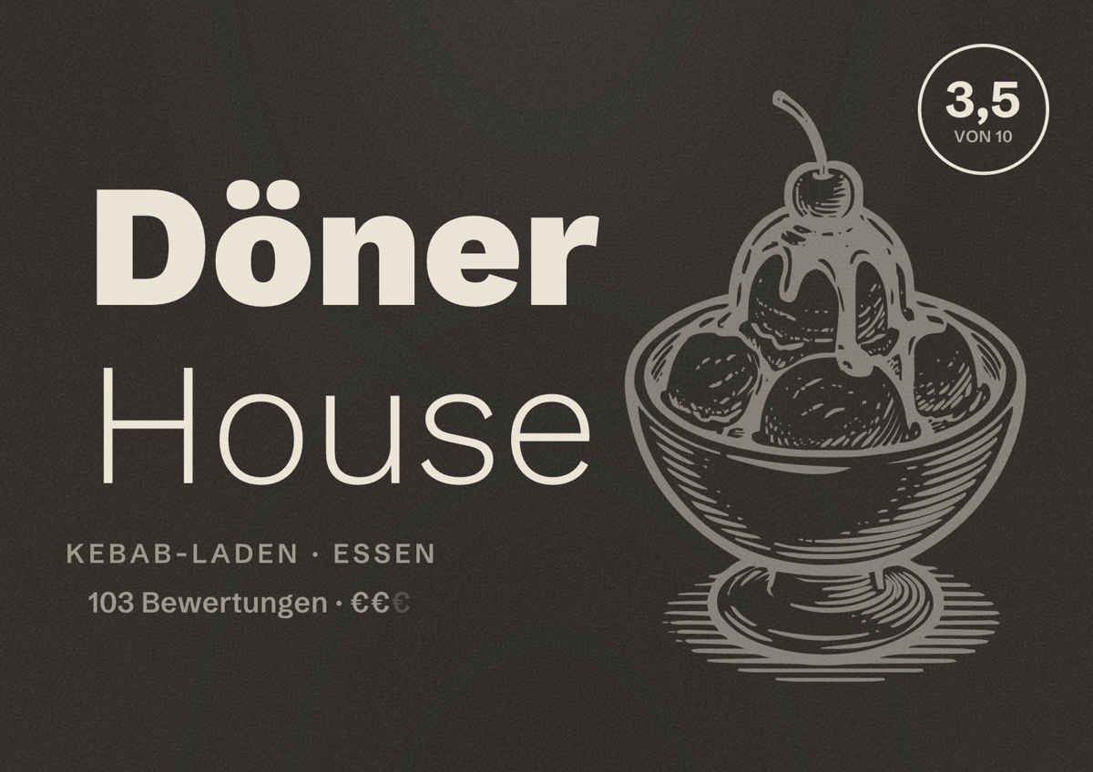 Illustriertes Poster von Döner House, Kebab-Laden in Essen: Bewertung 3,5 von 10 aus 103 Bewertungen, Preisniveau €€