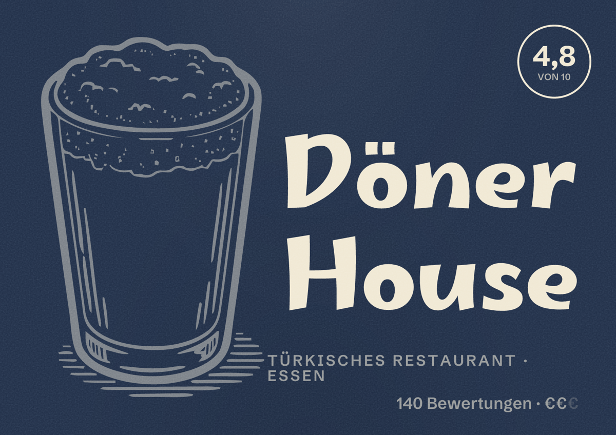 Illustriertes Poster von Döner House, Türkisches Restaurant in Essen: Bewertung 4,8 von 10 aus 140 Bewertungen, Preisniveau €€