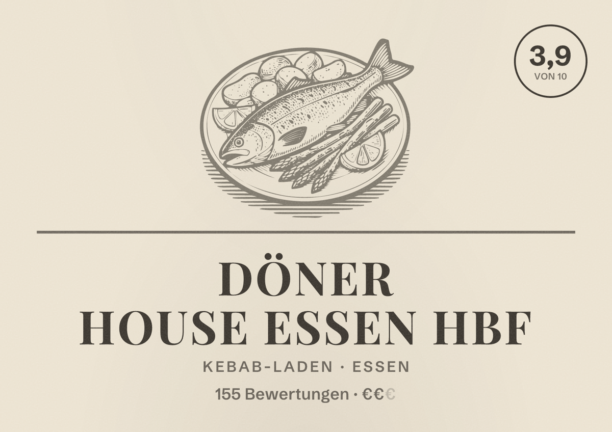 Illustriertes Poster von Döner House Essen HBF, Kebab-Laden in Essen: Bewertung 3,9 von 10 aus 155 Bewertungen, Preisniveau €€