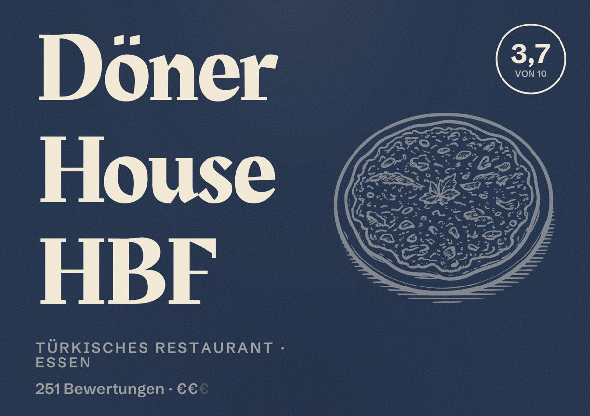 Illustriertes Poster von Döner House HBF, Türkisches Restaurant in Essen: Bewertung 3,7 von 10 aus 251 Bewertungen, Preisniveau €€