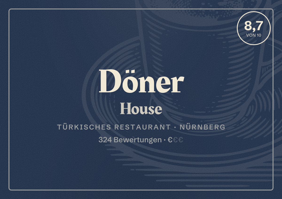 Illustriertes Poster von Döner House, Türkisches Restaurant in Nürnberg: Bewertung 8,7 von 10 aus 324 Bewertungen, Preisniveau €
