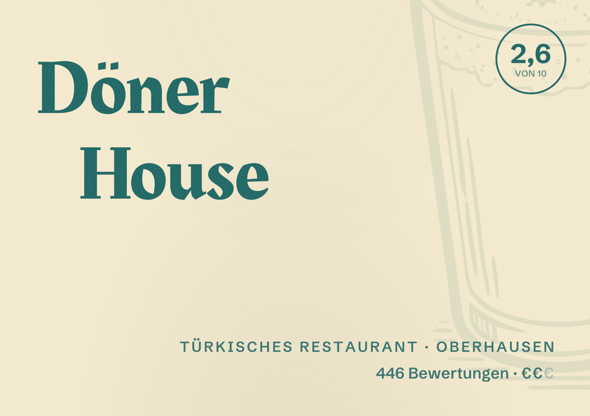Illustriertes Poster von Döner House, Türkisches Restaurant in Oberhausen: Bewertung 2,6 von 10 aus 446 Bewertungen, Preisniveau €€