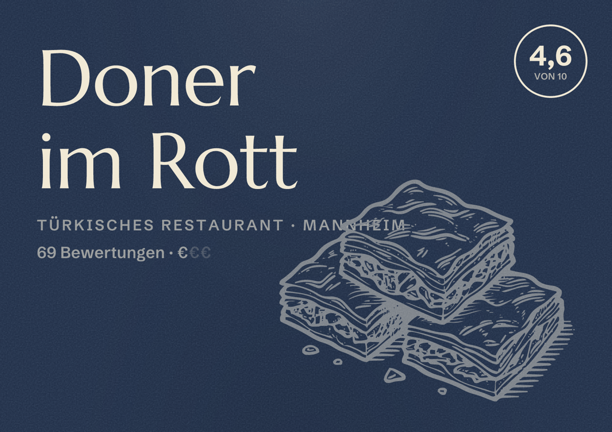 Illustriertes Poster von Doner im Rott, Türkisches Restaurant in Mannheim: Bewertung 4,6 von 10 aus 69 Bewertungen, Preisniveau €