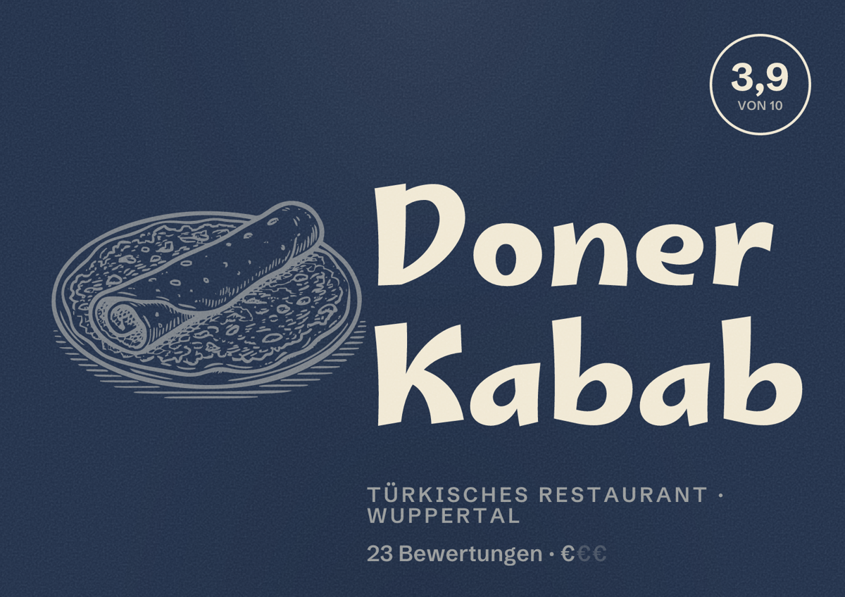 Illustriertes Poster von Doner Kabab, Türkisches Restaurant in Wuppertal: Bewertung 3,9 von 10 aus 23 Bewertungen, Preisniveau €