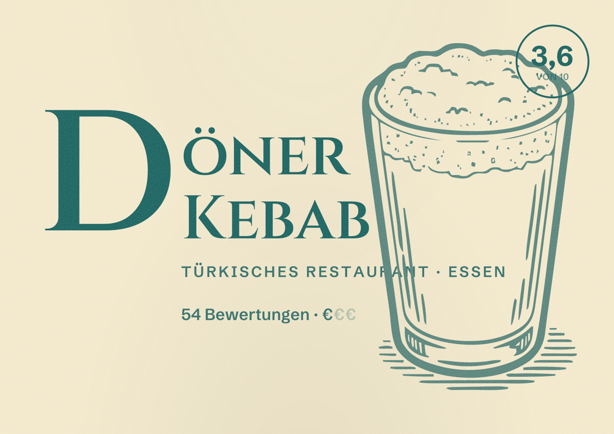 Illustriertes Poster von Döner Kebab, Türkisches Restaurant in Essen: Bewertung 3,6 von 10 aus 54 Bewertungen, Preisniveau €