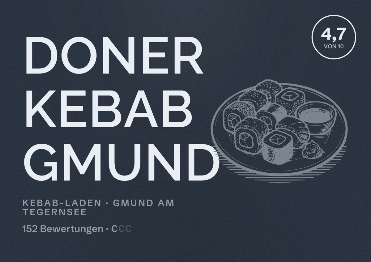 Illustriertes Poster von Doner Kebab Gmund, Kebab-Laden in Gmund am Tegernsee: Bewertung 4,7 von 10 aus 152 Bewertungen, Preisniveau €