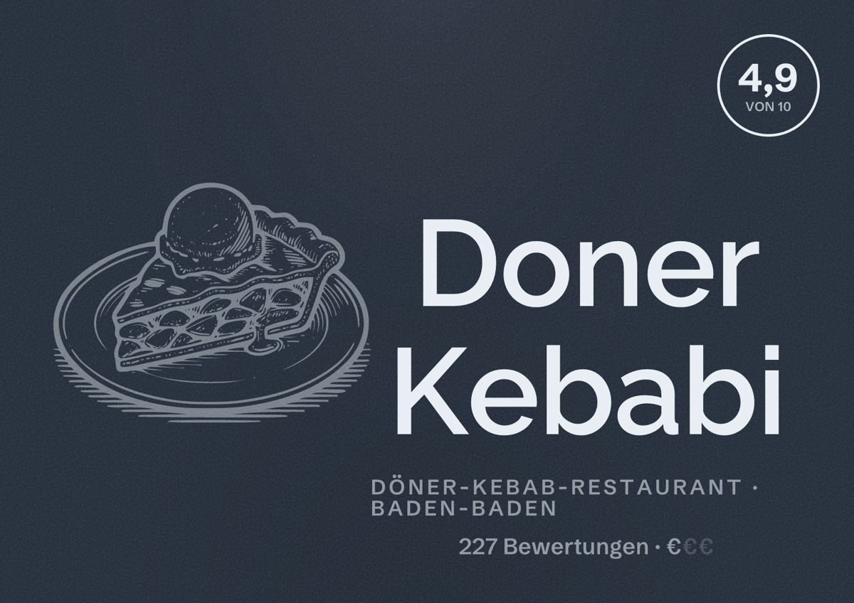 Illustriertes Poster von Doner Kebabi, Döner-Kebab-Restaurant in Baden-Baden: Bewertung 4,9 von 10 aus 227 Bewertungen, Preisniveau €