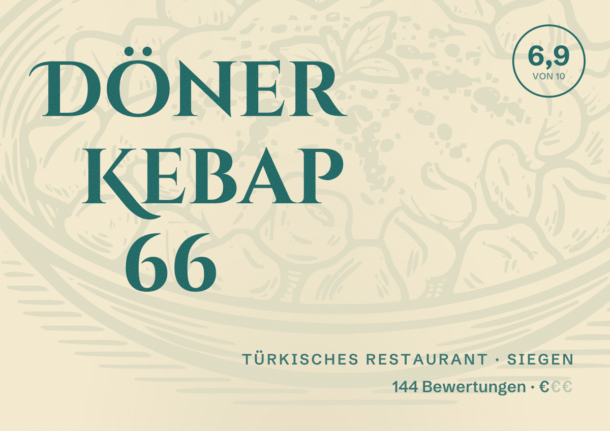 Illustriertes Poster von Döner Kebap 66, Türkisches Restaurant in Siegen: Bewertung 6,9 von 10 aus 144 Bewertungen, Preisniveau €