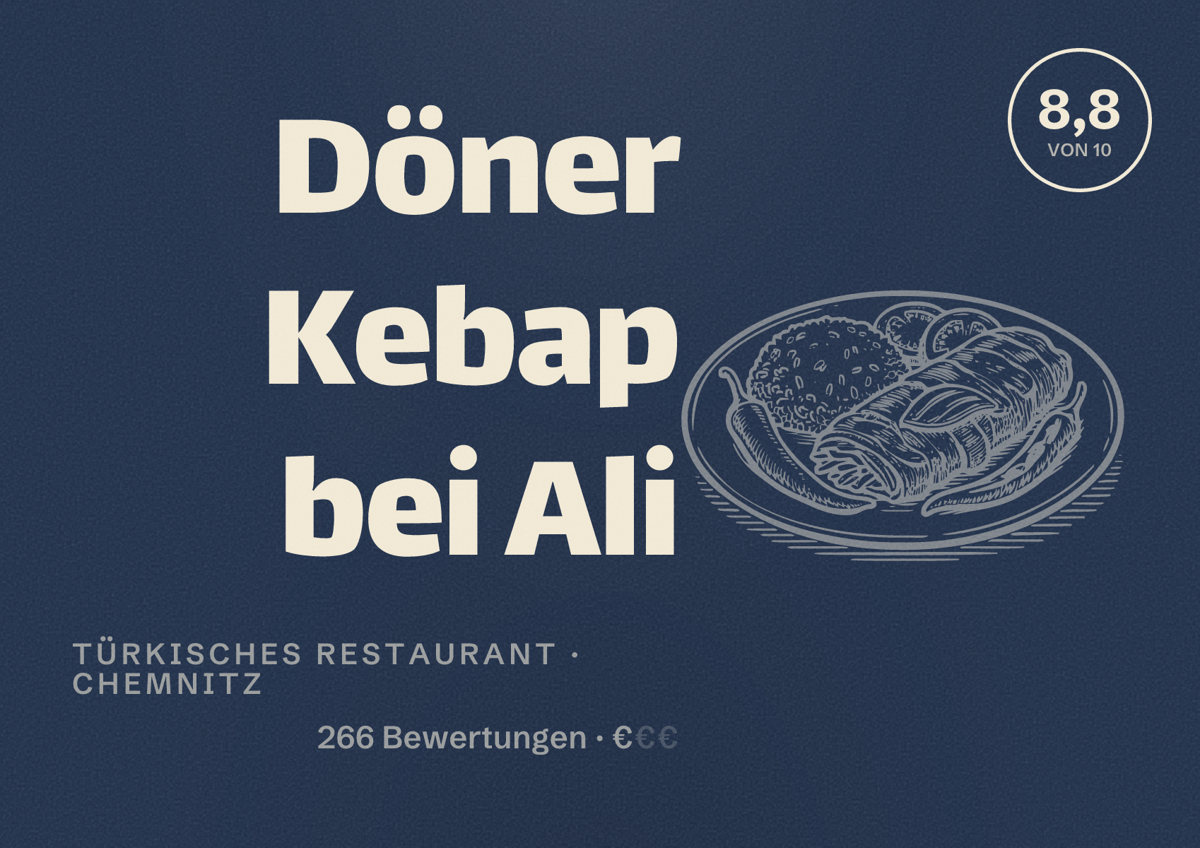 Illustriertes Poster von Döner Kebap bei Ali, Türkisches Restaurant in Chemnitz: Bewertung 8,8 von 10 aus 266 Bewertungen, Preisniveau €