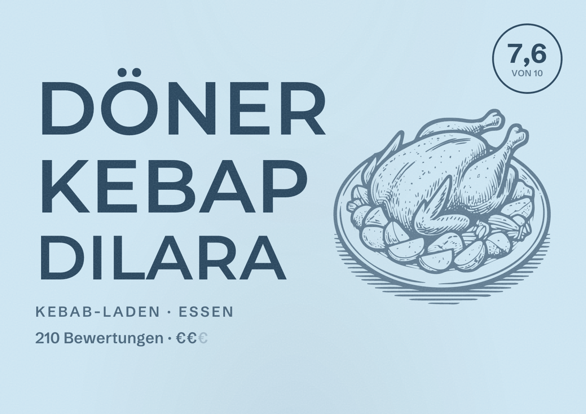 Illustriertes Poster von Döner Kebap Dilara, Kebab-Laden in Essen: Bewertung 7,6 von 10 aus 210 Bewertungen, Preisniveau €€