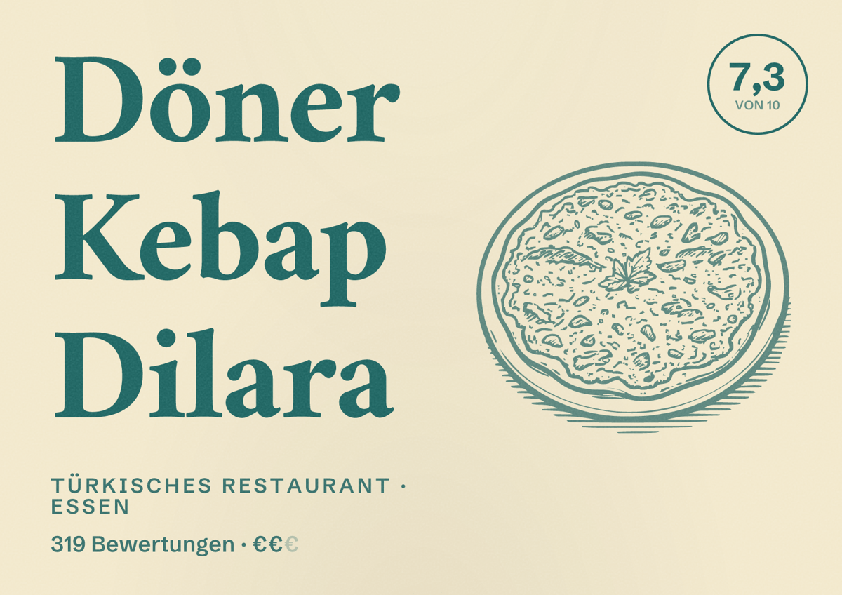 Illustriertes Poster von Döner Kebap Dilara, Türkisches Restaurant in Essen: Bewertung 7,3 von 10 aus 319 Bewertungen, Preisniveau €€