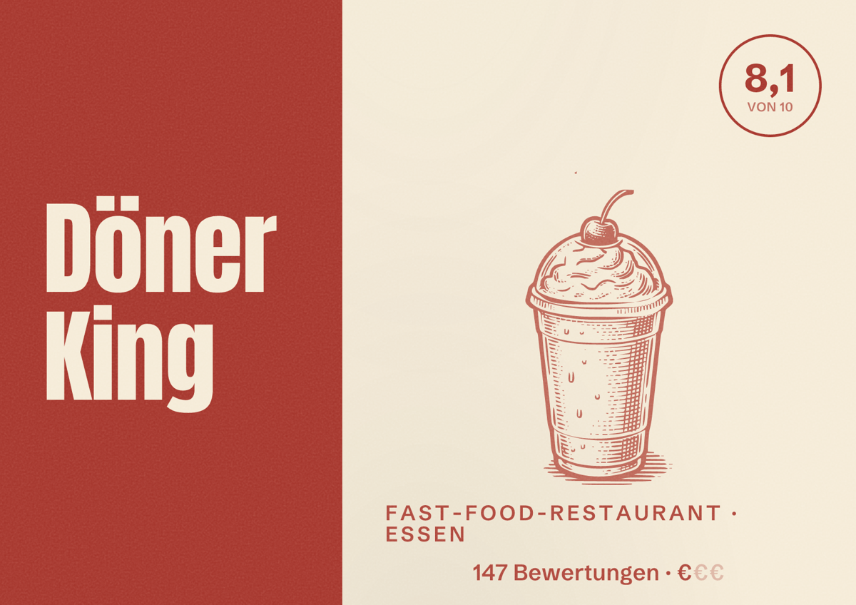 Illustriertes Poster von Döner King, Fast-Food-Restaurant in Essen: Bewertung 8,0 von 10 aus 147 Bewertungen, Preisniveau €