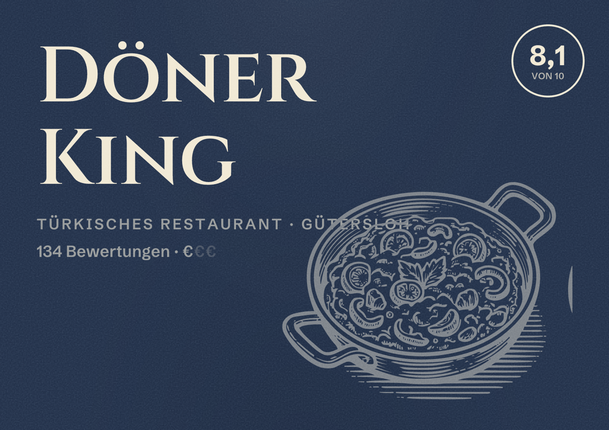 Illustriertes Poster von Döner King, Türkisches Restaurant in Gütersloh: Bewertung 8,1 von 10 aus 134 Bewertungen, Preisniveau €
