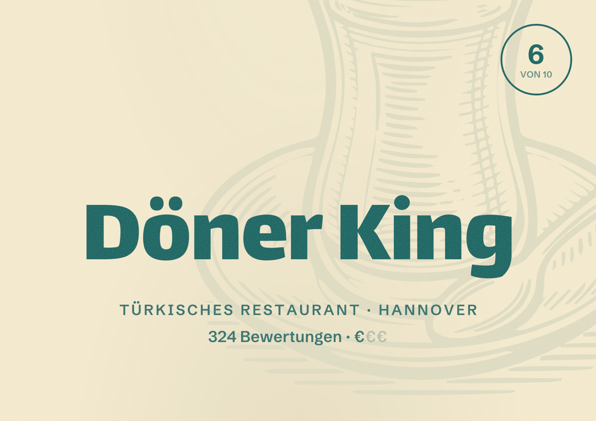 Illustriertes Poster von Döner King, Türkisches Restaurant in Hannover: Bewertung 6,0 von 10 aus 324 Bewertungen, Preisniveau €