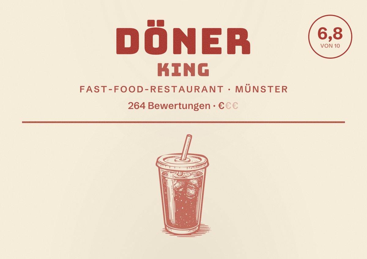 Illustriertes Poster von Döner King, Fast-Food-Restaurant in Münster: Bewertung 6,8 von 10 aus 264 Bewertungen, Preisniveau €