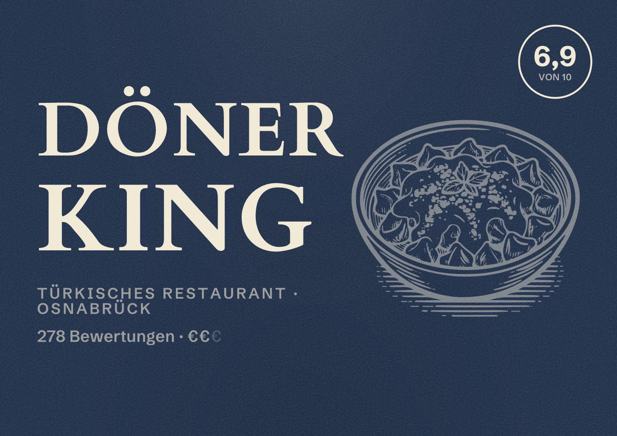 Illustriertes Poster von Döner King, Türkisches Restaurant in Osnabrück: Bewertung 6,9 von 10 aus 278 Bewertungen, Preisniveau €€