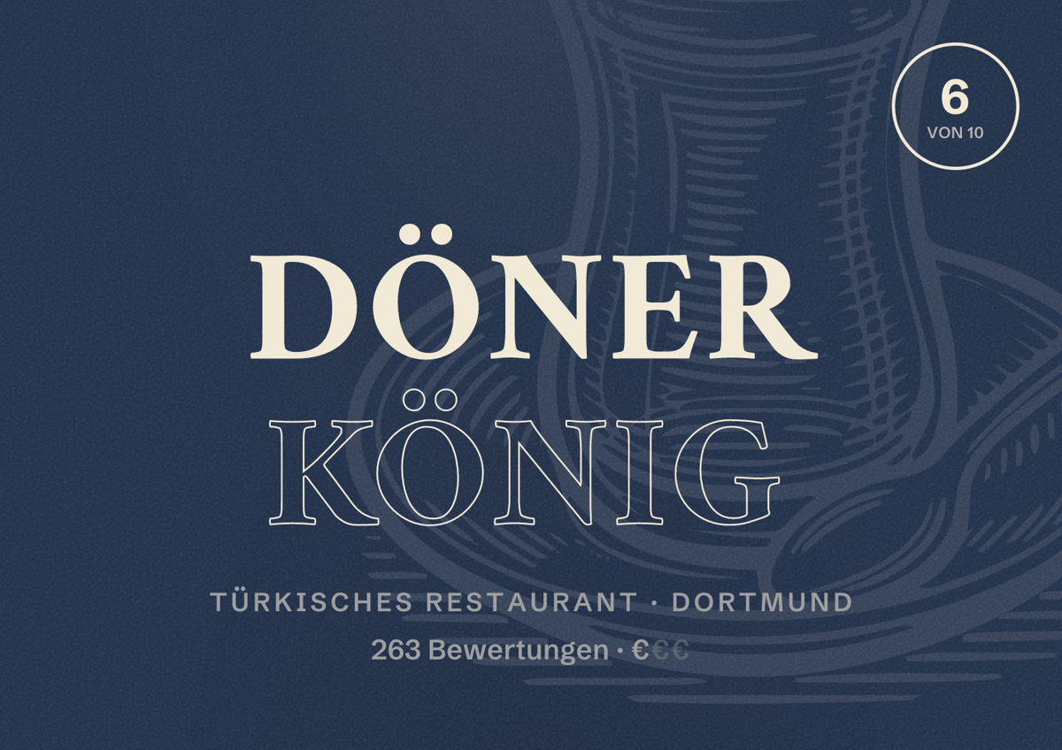 Illustriertes Poster von Döner König, Türkisches Restaurant in Dortmund: Bewertung 6 von 10 aus 263 Bewertungen, Preisniveau €