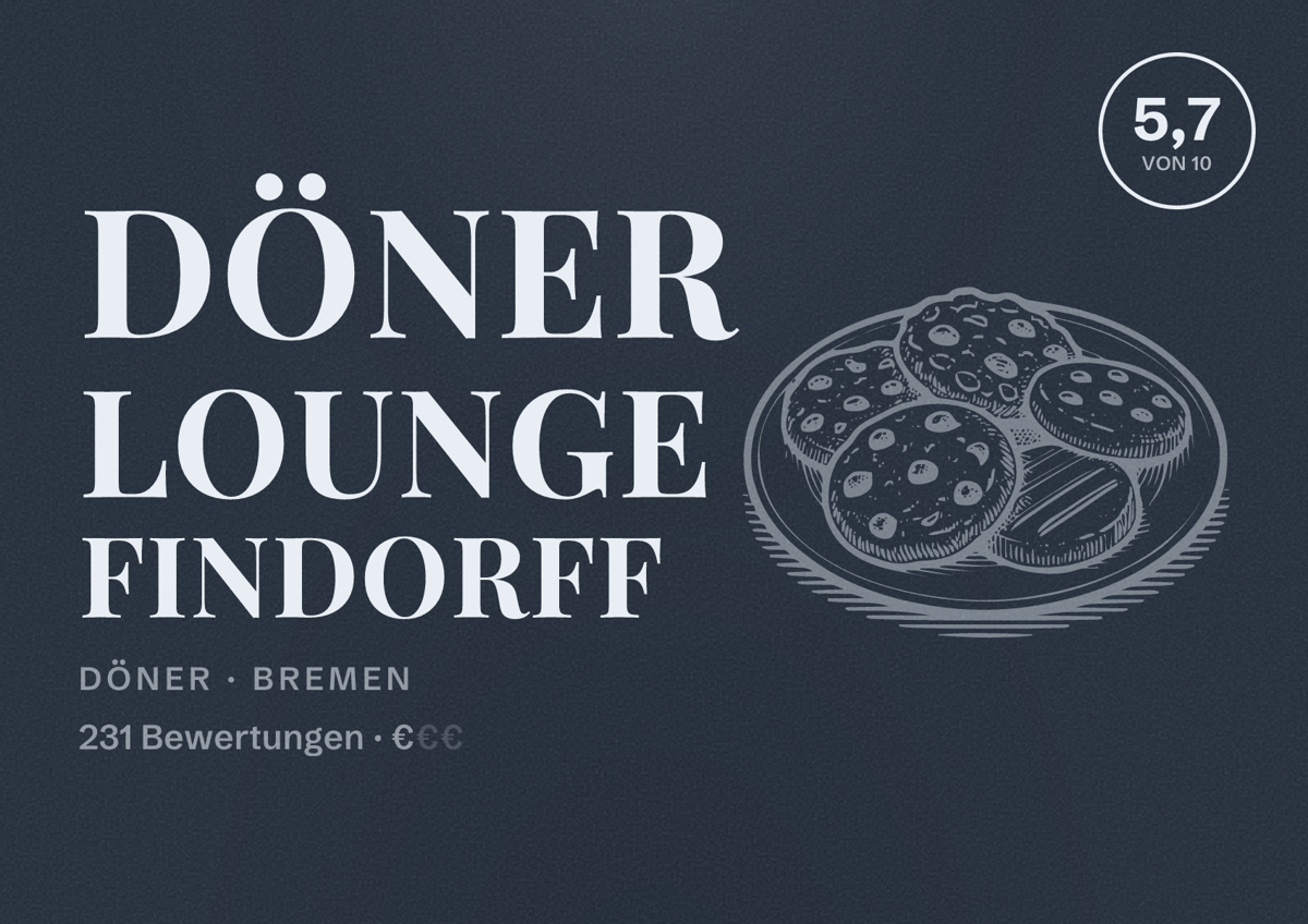 Illustriertes Poster von Döner Lounge Findorff, Döner in Bremen: Bewertung 5,7 von 10 aus 231 Bewertungen, Preisniveau €