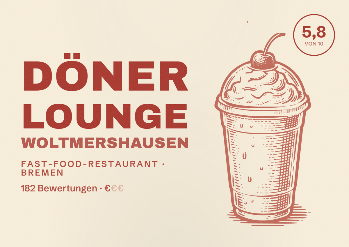 Illustriertes Poster von Döner Lounge Woltmershausen, Fast-Food-Restaurant in Bremen: Bewertung 5,8 von 10 aus 182 Bewertungen, Preisniveau €