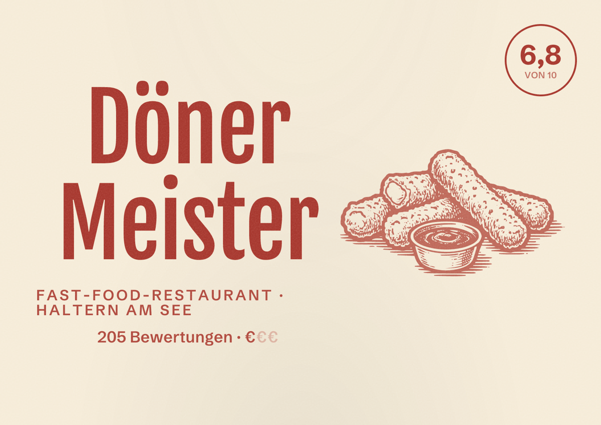 Illustriertes Poster von Döner Meister, Fast-Food-Restaurant in Haltern am See: Bewertung 6,8 von 10 aus 205 Bewertungen, Preisniveau €