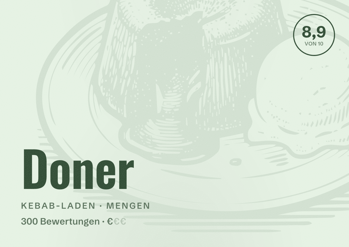 Illustriertes Poster von Doner, Kebab-Laden in Mengen: Bewertung 8,9 von 10 aus 300 Bewertungen, Preisniveau €