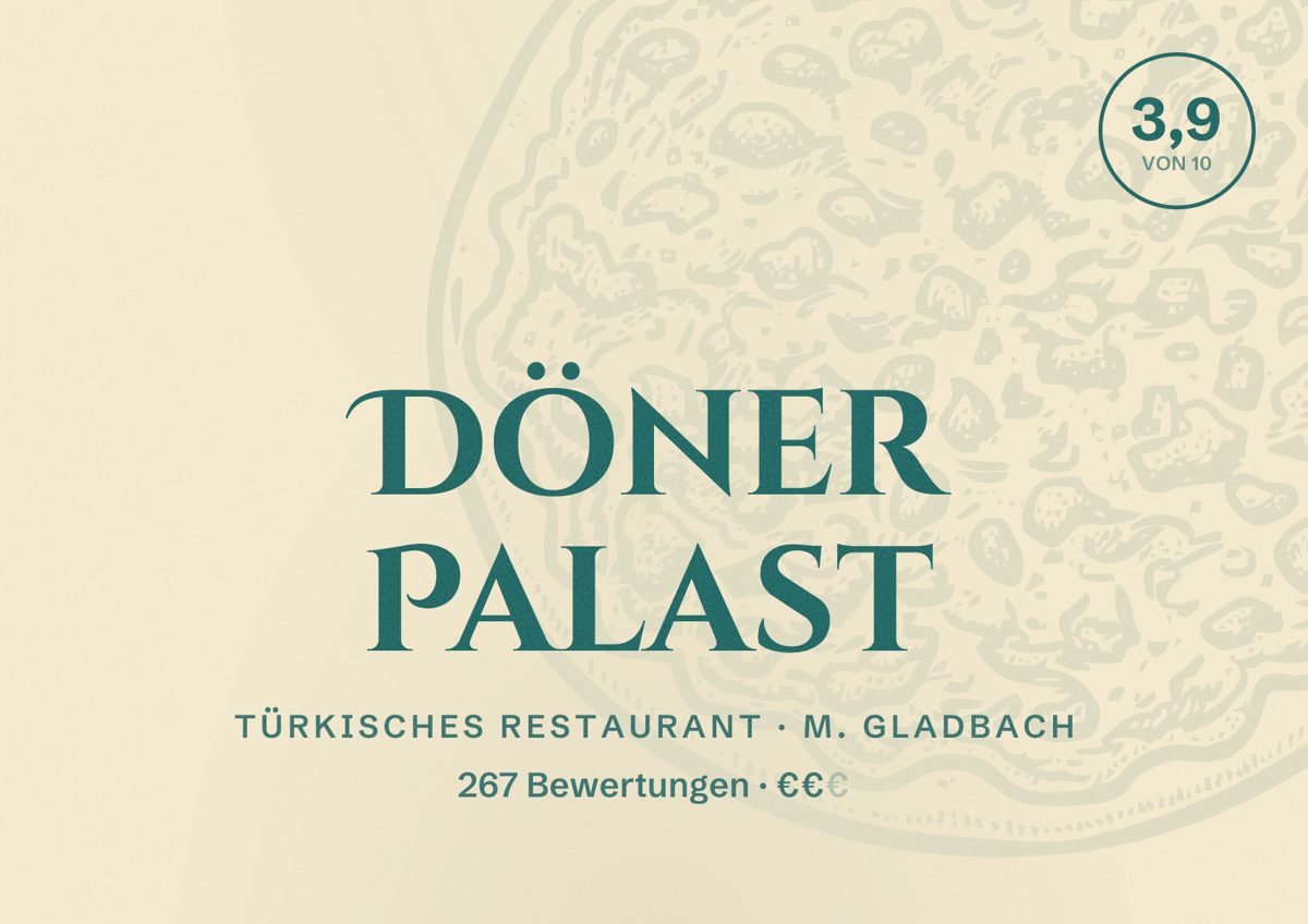 Illustriertes Poster von Döner Palast, Türkisches Restaurant in M. Gladbach: Bewertung 3,9 von 10 aus 267 Bewertungen, Preisniveau €€