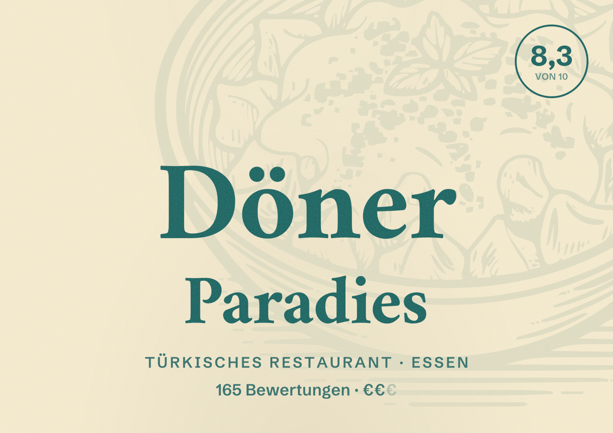 Illustriertes Poster von Döner Paradies, Türkisches Restaurant in Essen: Bewertung 8,3 von 10 aus 165 Bewertungen, Preisniveau €€