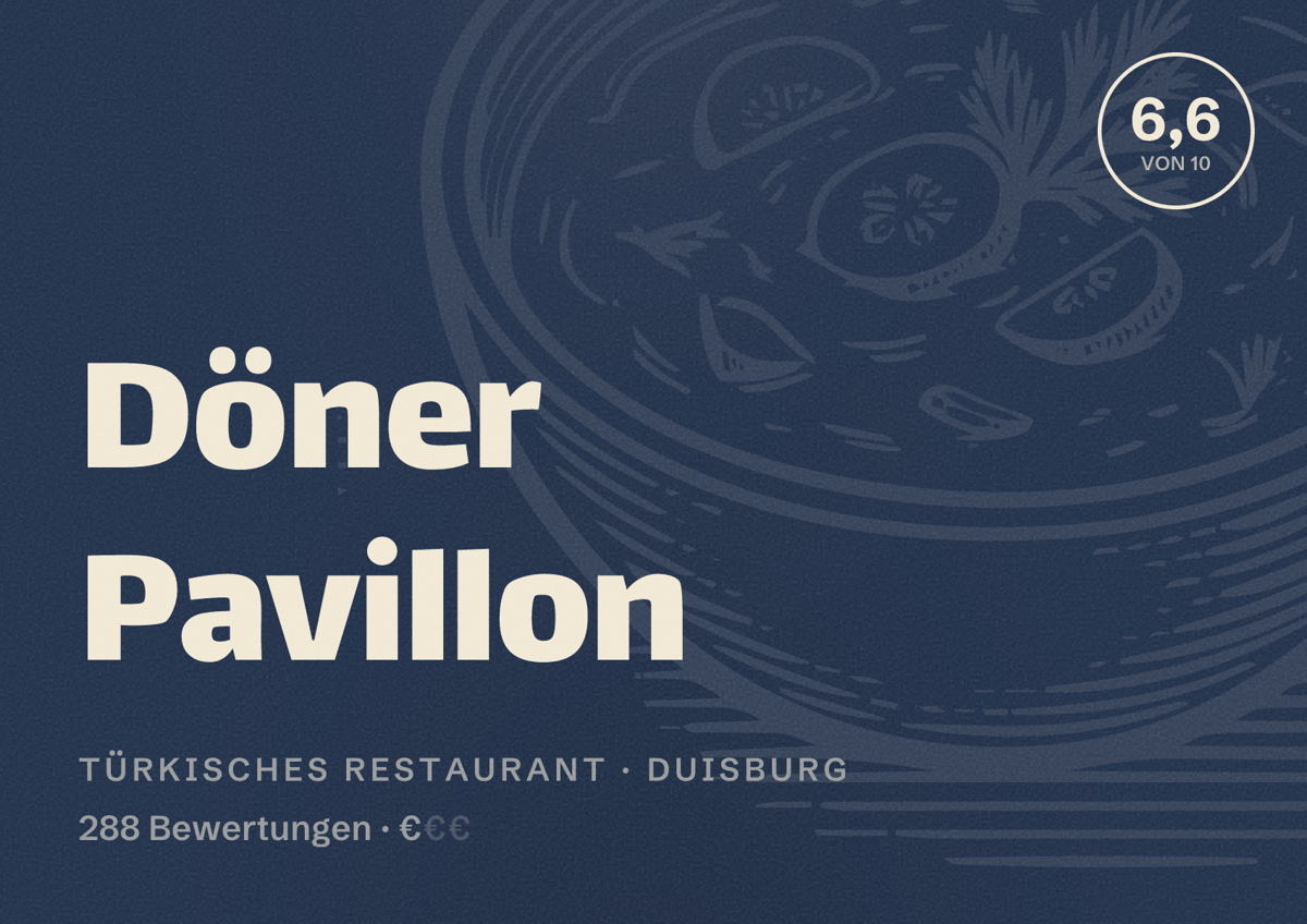 Illustriertes Poster von Döner Pavillon, Türkisches Restaurant in Duisburg: Bewertung 6,6 von 10 aus 288 Bewertungen, Preisniveau €