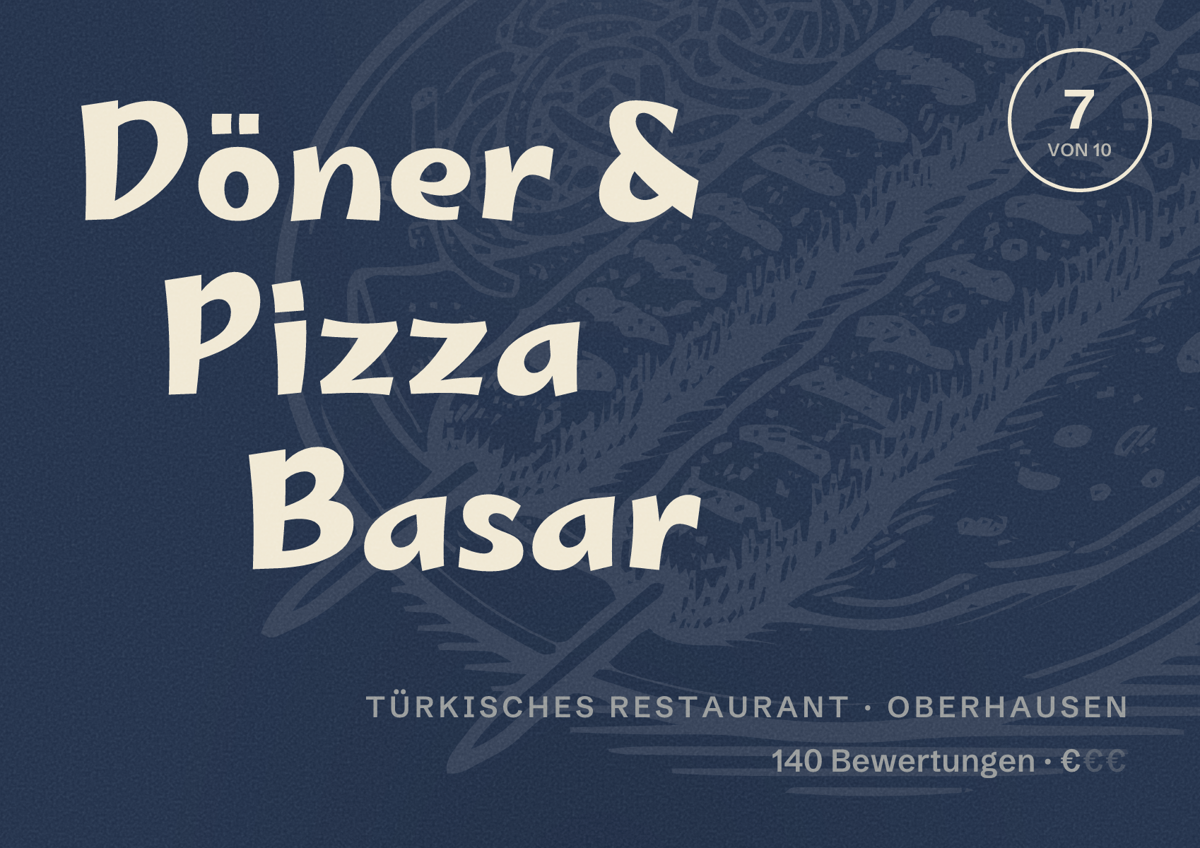 Illustriertes Poster von Döner & Pizza Basar, Türkisches Restaurant in Oberhausen: Bewertung 7 von 10 aus 140 Bewertungen, Preisniveau €