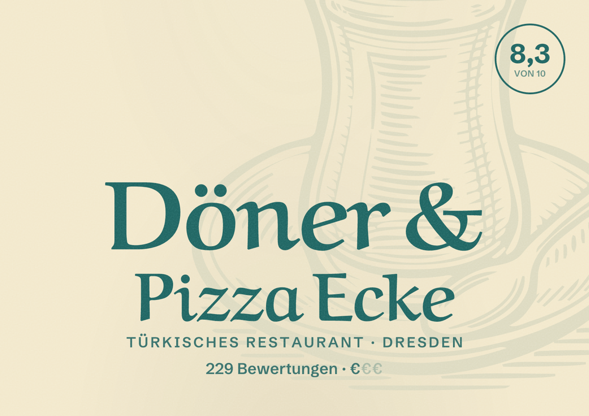 Illustriertes Poster von Döner & Pizza Ecke, Türkisches Restaurant in Dresden: Bewertung 8,3 von 10 aus 229 Bewertungen, Preisniveau €