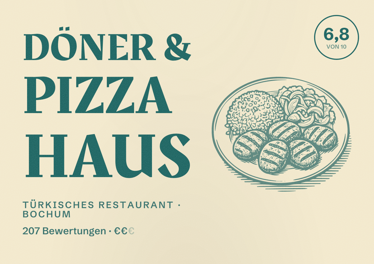 Illustriertes Poster von Döner & Pizza Haus, Türkisches Restaurant in Bochum: Bewertung 6,8 von 10 aus 207 Bewertungen, Preisniveau €€