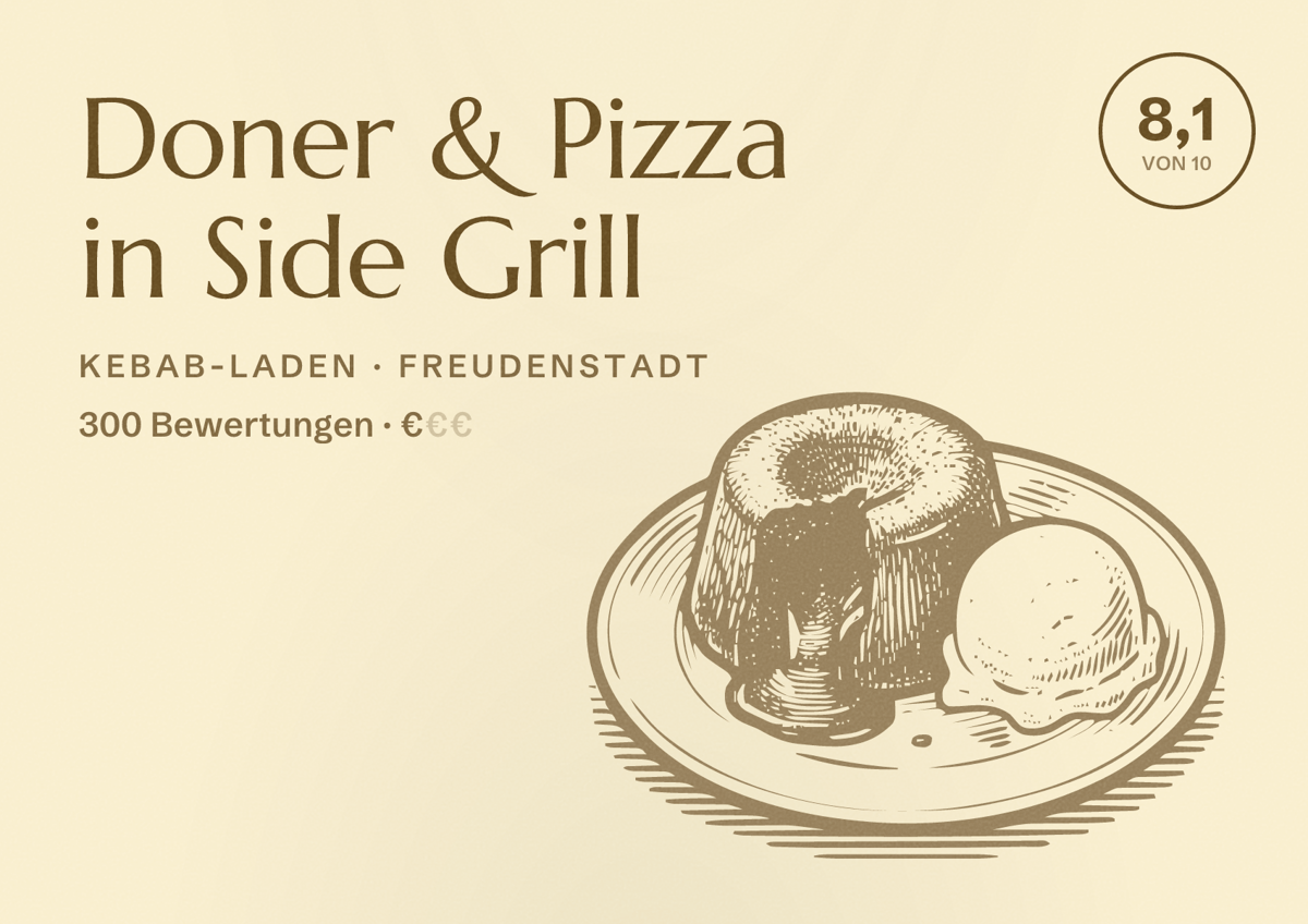 Illustriertes Poster von Doner & Pizza in Side Grill, Kebab-Laden in Freudenstadt: Bewertung 8,1 von 10 aus 300 Bewertungen, Preisniveau €