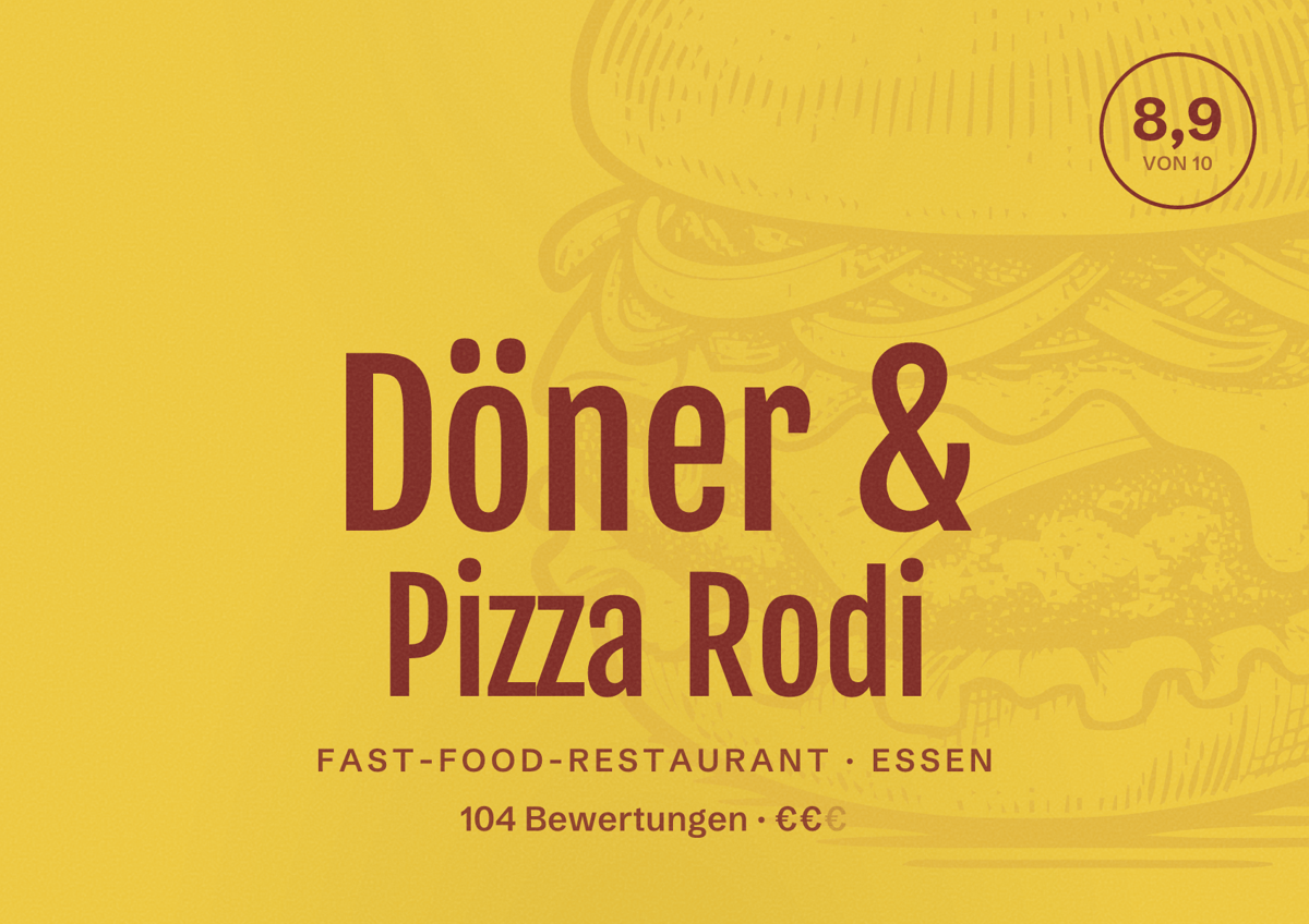 Illustriertes Poster von Döner & Pizza Rodi, Fast-Food-Restaurant in Essen: Bewertung 8,9 von 10 aus 104 Bewertungen, Preisniveau €€