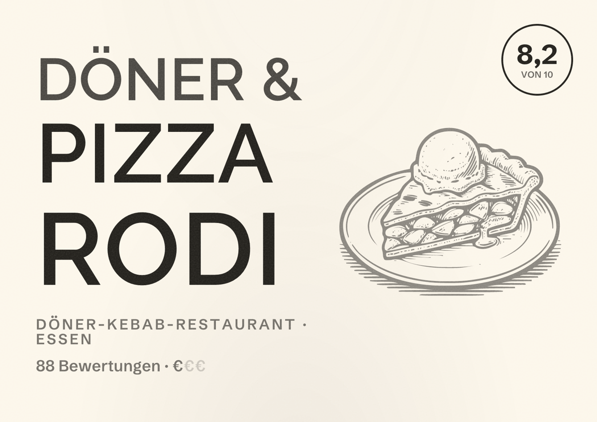 Illustriertes Poster von Döner & Pizza Rodi, Döner-Kebab-Restaurant in Essen: Bewertung 8,2 von 10 aus 88 Bewertungen, Preisniveau €